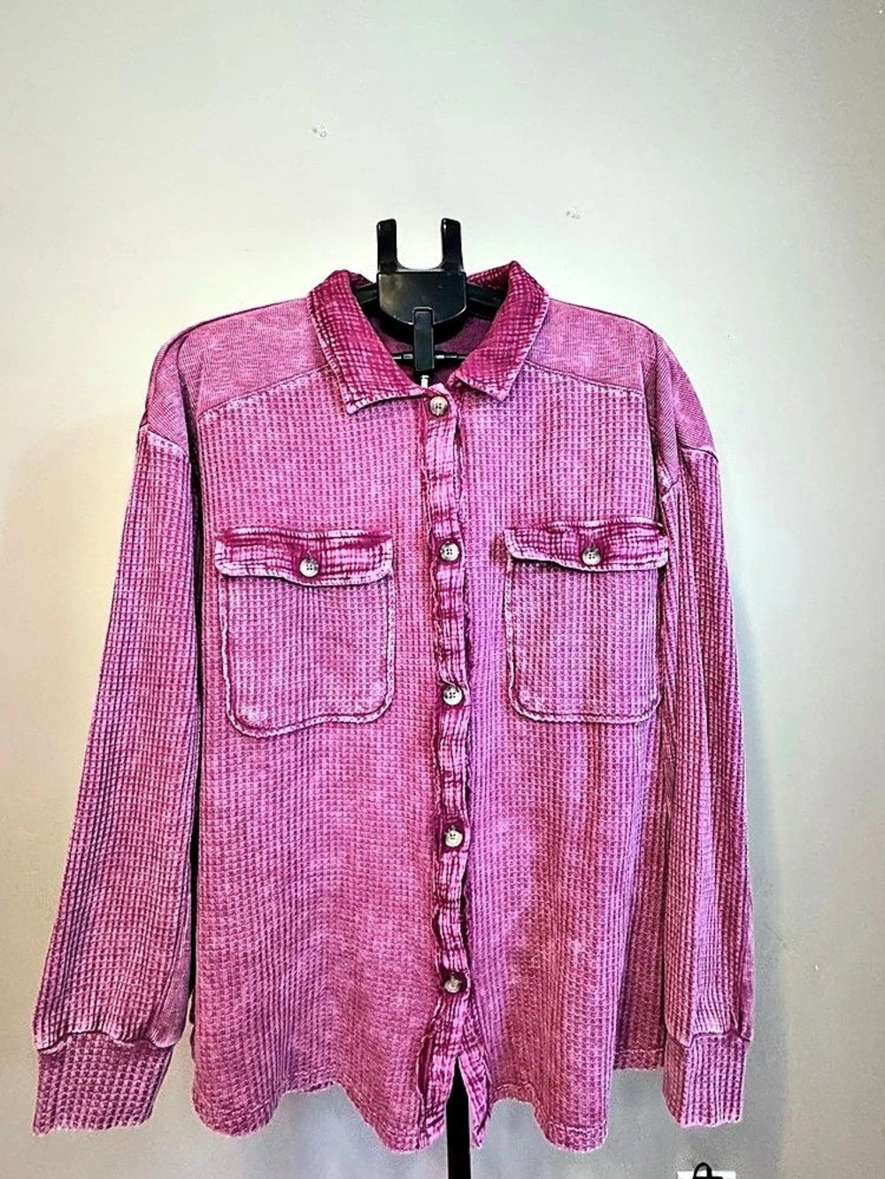 Briggs Women’s Pink Acid Wash Waffle Knit Shacket Button Down Oversized XXL